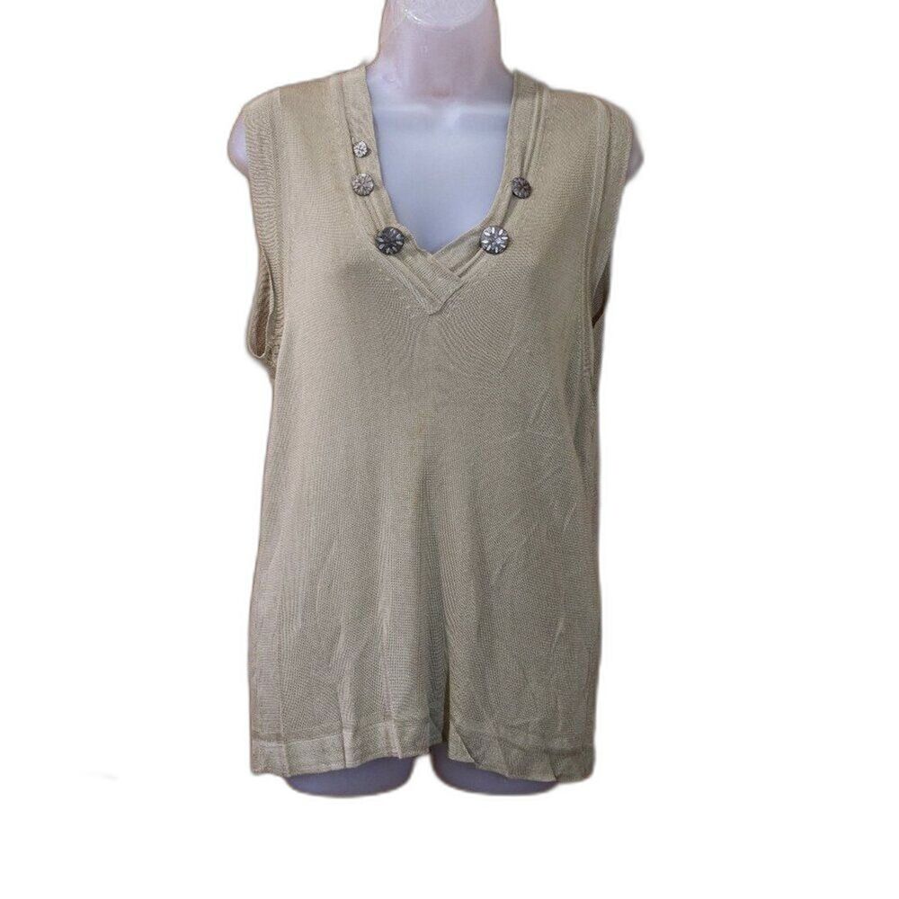 Anne Klein Light Beige Sleeveless V-Neck Knit Top Large